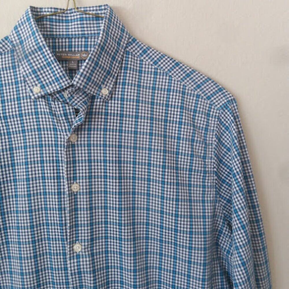 PETER MILLAR | Summer Comfort Performance Sport Blue Check Button Down Shirt L